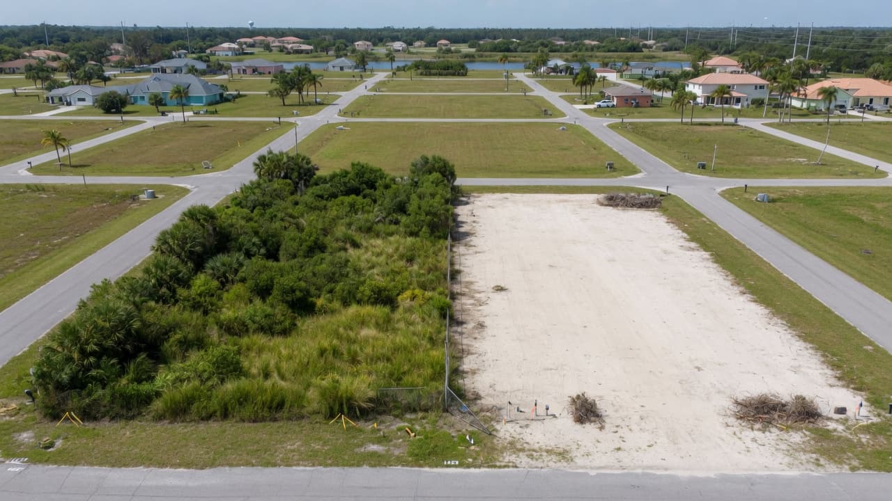 Elevated view contrasting an overgrown Florida vacant lot beside a cleared open parcel