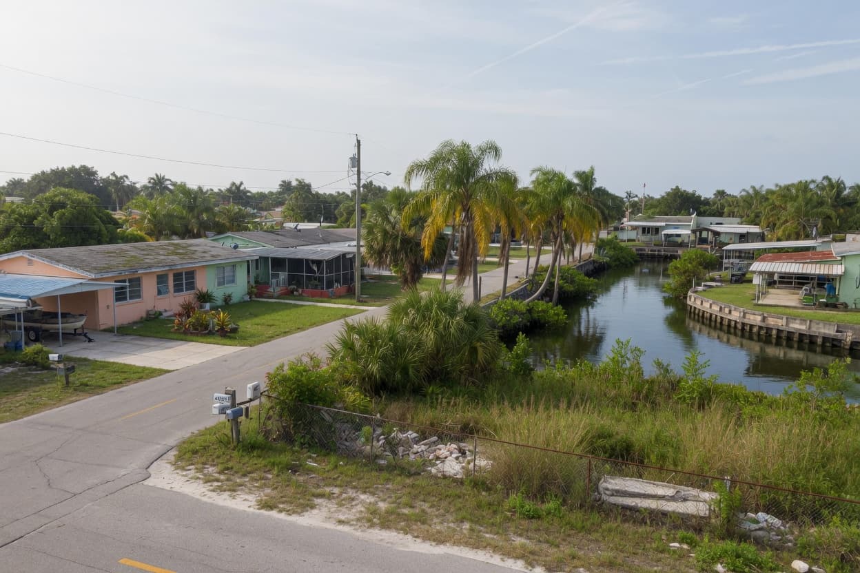Southwest Florida canal-side residential neighborhood with dense lot vegetation typical of Port Charlotte style parcels